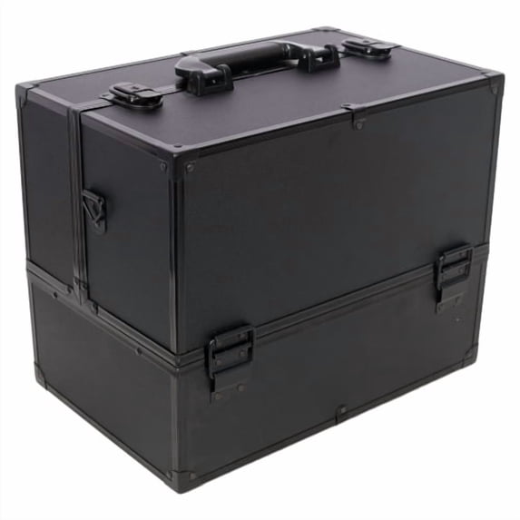 Makeup Train Case, 14 Inch Lockable Cosmetic Organizer Box, Professional Large Makeup Case with 6 Adjustable Trays, Spacious Bottom Compartment, Shoulder Strap, Black