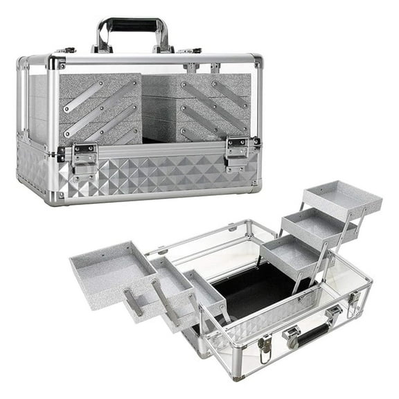 Makeup Train Case 14 inch Armored Acrylic Large Portable Cosmetic Case 6 Trays Professional Storage Organizer Box Make Up Artist Jewelry Nail Kits Display Brush Holder- Silver