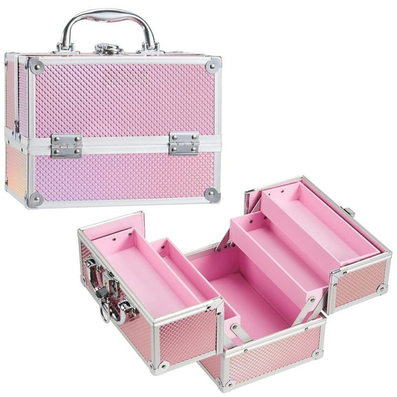 Makeup Train Case 8.85 Inch Portable Makeup Case Organizer Cosmetic Box Make Up Box Makeup Organizer Cosmetic Storage Cases with Locking Nail Kit Organizer Small Travel Case Mermaid Pink