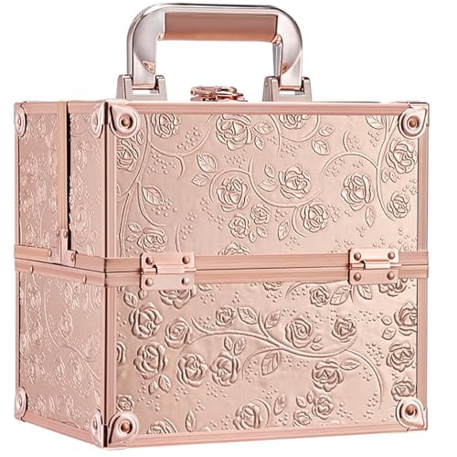 Makeup Train Case Cosmetic Box Portable Makeup Case Organizer 4 Trays Lock Travel Storage Organizer with Dividers Make Up Artist Vanity Hard Nail Spa Beauty Box Rose Gold Floral