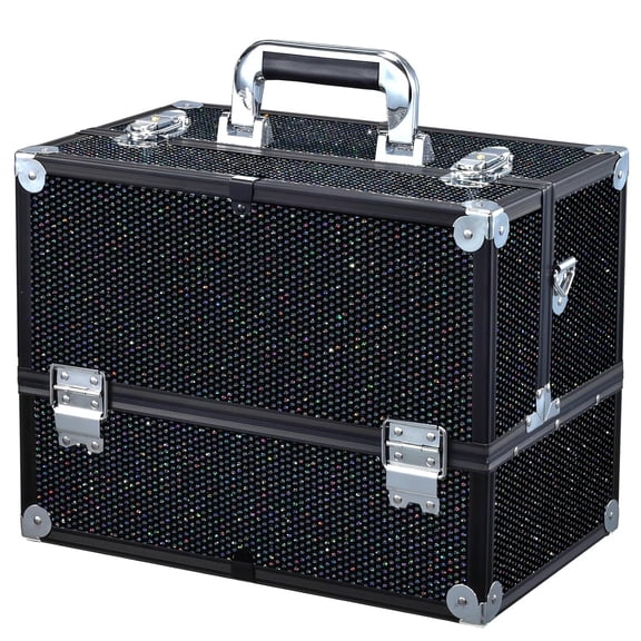 Makeup Train Case Large 6 Tray Professional Organizer Box - Cosmetic Make Up Carrier with Lock & Key Carrying Strap for Studio Artist & Stylist Black Rhinestone