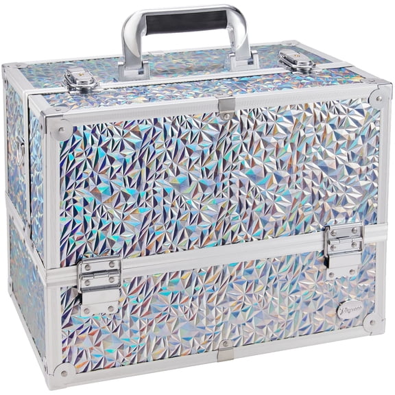 Makeup Train Case Large 6 Tray Professional Organizer Box - Cosmetic Make Up Carrier with Lock & Key Carrying Strap for Studio Artist & Stylist Black Rhinestone