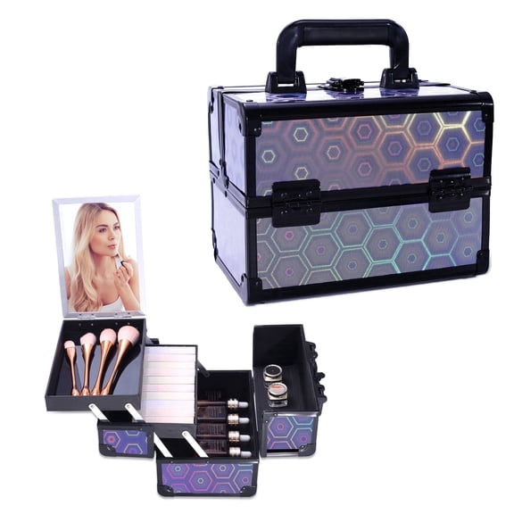 Makeup Train Case, Lightweight & Portable Cosmetic Box with 2 Trays - Lockable Makeup Storage Organizer with Mirror, for Traveling