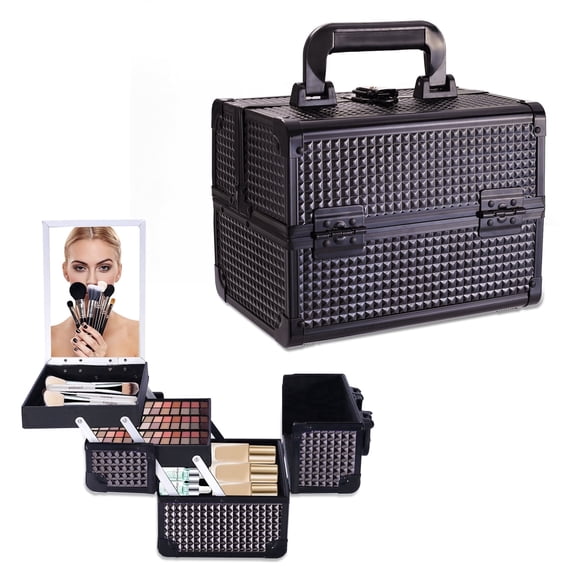 Lightweight Makeup Case Portable Cosmetic Box with Mirror, Lockable 2-Tray Makeup Organizer for Traveling & Storage