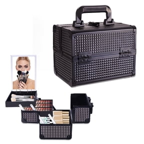 Lightweight Makeup Case Portable Cosmetic Box with Mirror, Lockable 2-Tray Makeup Organizer for Traveling & Storage