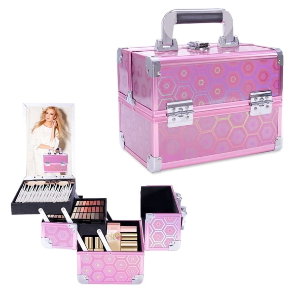 2 Trays Makeup Train Case, Lockable Cosmetic Storage Box with Mirror, Portable Makeup Storage Box for Travel