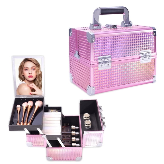 Lightweight Makeup Train Case with Mirror Lockable 2 Trays Cosmetic Portable Travel Organizer Storage Box