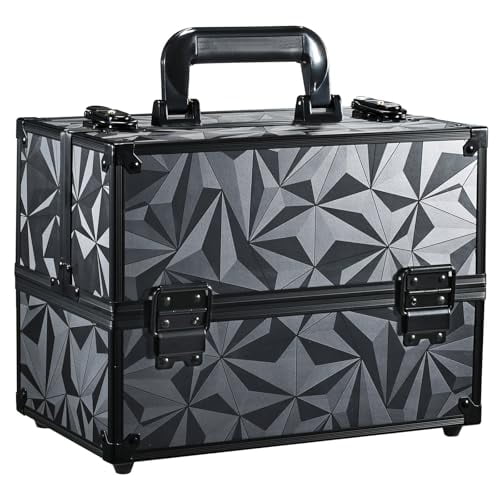 Makeup Train Case Makeup Case 11.8 Inch Large Cosmetic Box Organizer Travel Storage Professional Make Up Train Carrying Case with 6 Trays Locking Hard Vanity Storage Dark Black