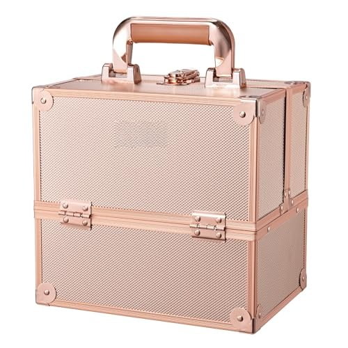 Makeup Train Case Makeup Case Travel Cosmetic Box Organizer Portable Make Up Box with Dividers Lockable for Artist Nail Sewing Vanity Storage Makeup Travel Case Rose Gold