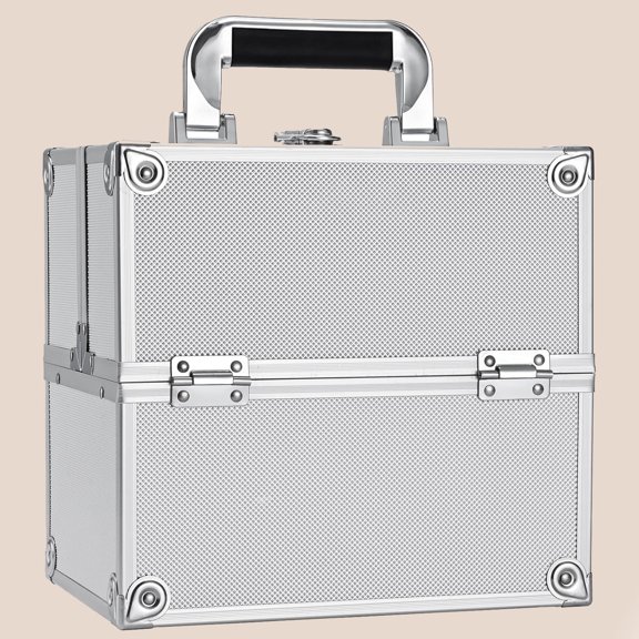 Makeup Train Case Organizer Box Portable Cosmetic Travel Case with Lock Trays Aluminum Hard Vanity Box Make Up Artist Nail Beauty Storage Organizer Cosmetic Suitcase Bright Silver