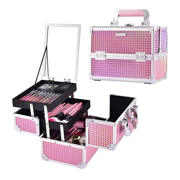 Makeup Train Case Organizer Portable Cosmetic Box Storage with 2 Trays Mirror Locking Make Up Travel for Nail Kits Cosmetics Craft Traveling Mermaid Pink