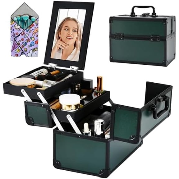 Makeup Train Case, Portable Makeup Case with Mirror, 2-Trays Cosmetic Organizer Case,Nail Polish Organizer, Travel Makeup Box, Profesional for Salon Barber, Green