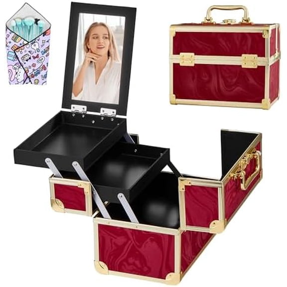 Makeup Train Case, Portable Makeup Case with Mirror, 2-Trays Cosmetic Organizer Case,Nail Polish Organizer, Travel Makeup Box, Profesional for Salon Barber, Pattern Red