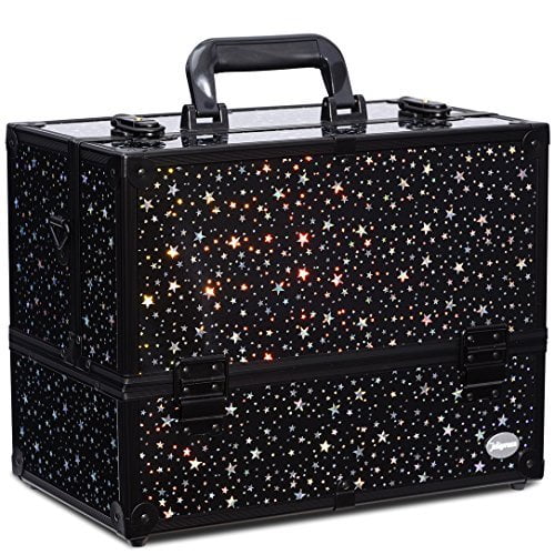 Makeup Train Case Professional Adjustable - 6 Trays Cosmetic Cases Makeup Storage Organizer Box with Lock and Compartments 14 Inch Large Black