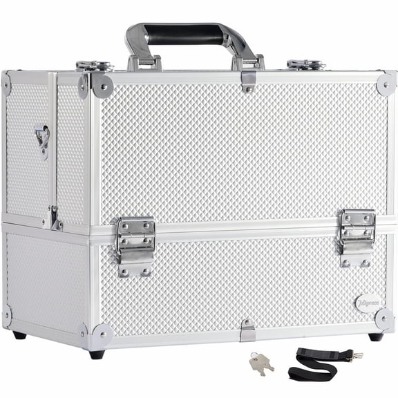 Makeup Train Case Professional Adjustable - 6 Trays Cosmetic Cases Makeup Storage Organizer Box with Lock and Compartments 14 Inch Large Black