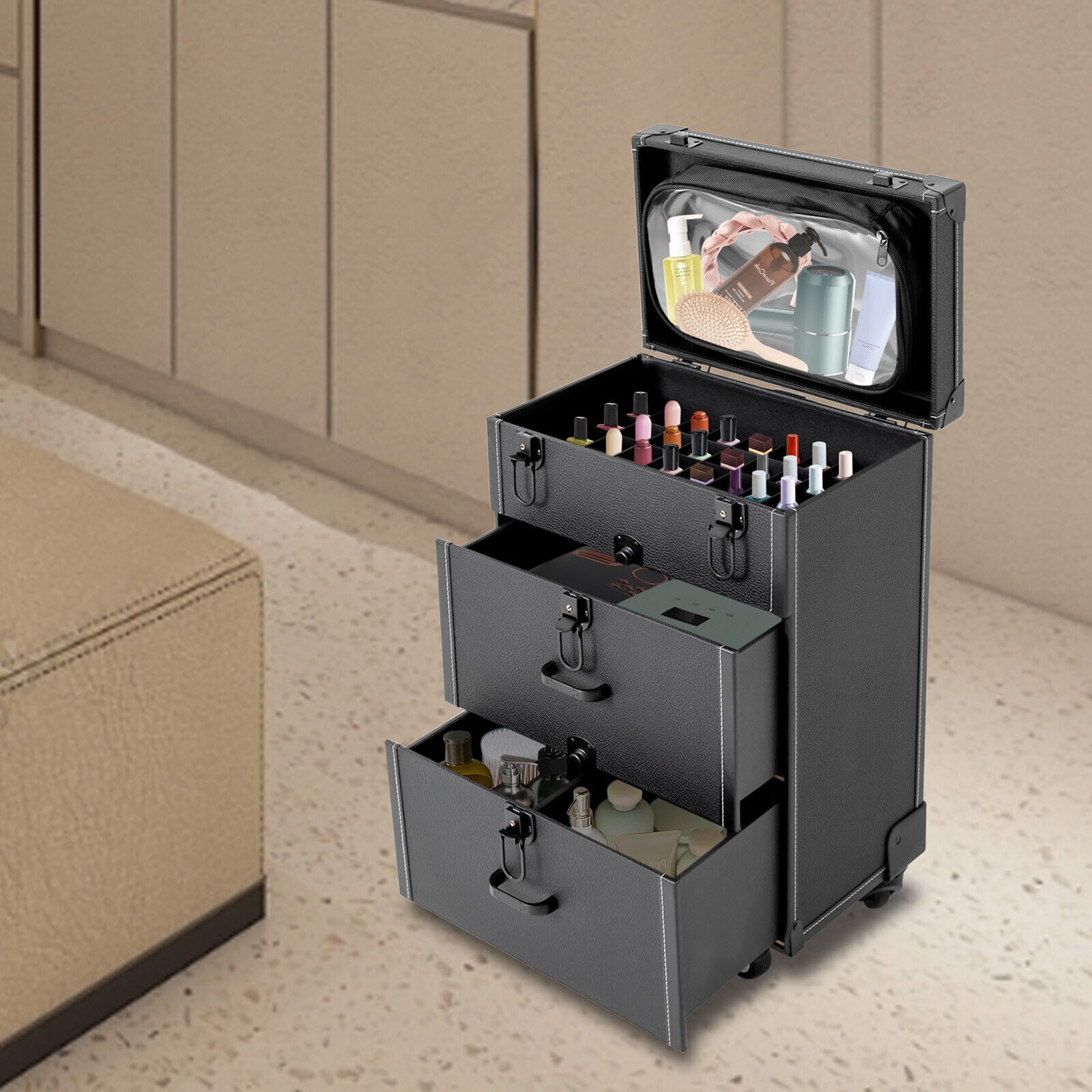 Makeup Train Case Rolling Cosmetic Trolley Makeup Storage Organizer