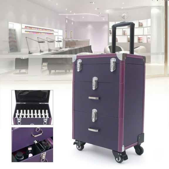 Makeup Train Case, Rolling Makeup Trolley Case, Nail Polish Organizer, Jewelry Travel Cosmetic Train Case w/ 4-Wheel and 2 Key