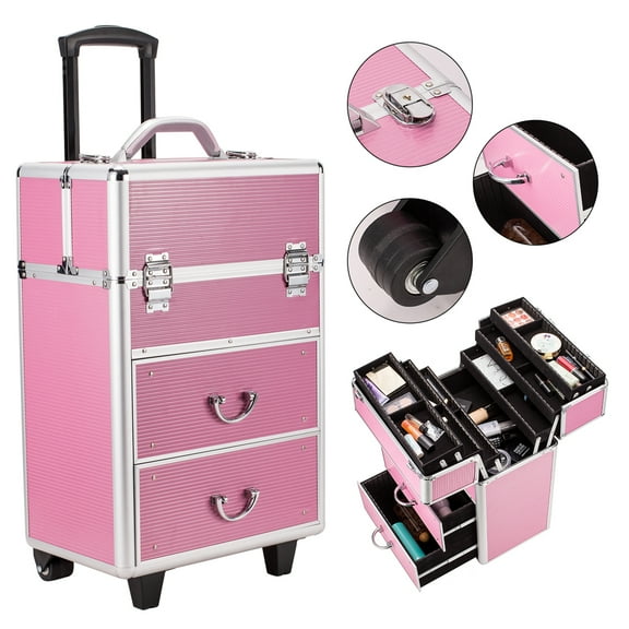 Makeup Train Case on Wheels,14.6"x9.5"x17" Professional Rolling Cosmetics Storage Organizer with Mirror, Adjustable Handle Height Aluminum Cosmetic Tattoo Box w/Locks and Folding Trays, S13469