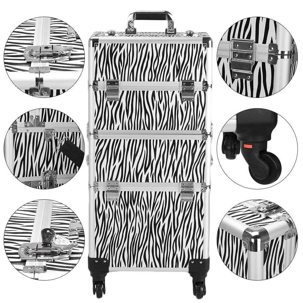 Makeup Train Case, White Zebra Print 3 in 1 Aluminum Cosmetic Makeup Case Tattoo Box PKWQ739WH-1