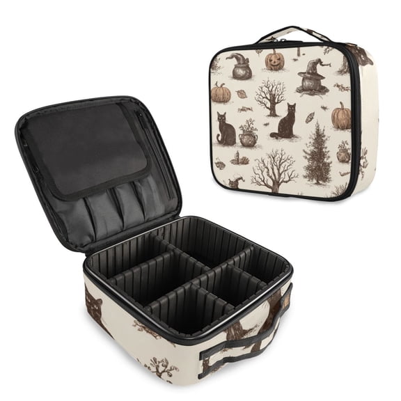 Makeup Train Case with Adjustable Dividers,Cosmetic Bag Portable Portability Bag Case Gifts Black Cats Pumkins