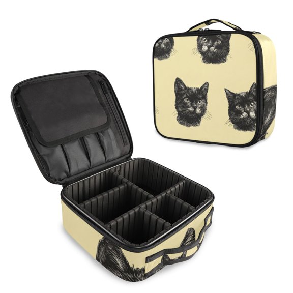 Makeup Train Case with Adjustable Dividers,Cosmetic Bag Portable Portability Bag Case Gifts Black Kitty