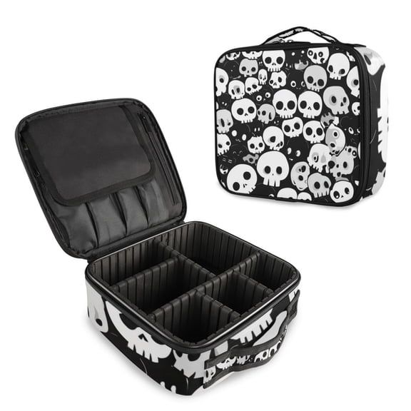 Makeup Train Case with Adjustable Dividers,Cosmetic Bag Portable Portability Bag Case Gifts Black White Color Skulls
