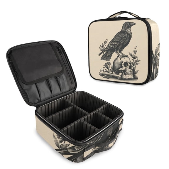Makeup Train Case with Adjustable Dividers,Cosmetic Bag Portable Portability Bag Case Gifts Crow and Skull