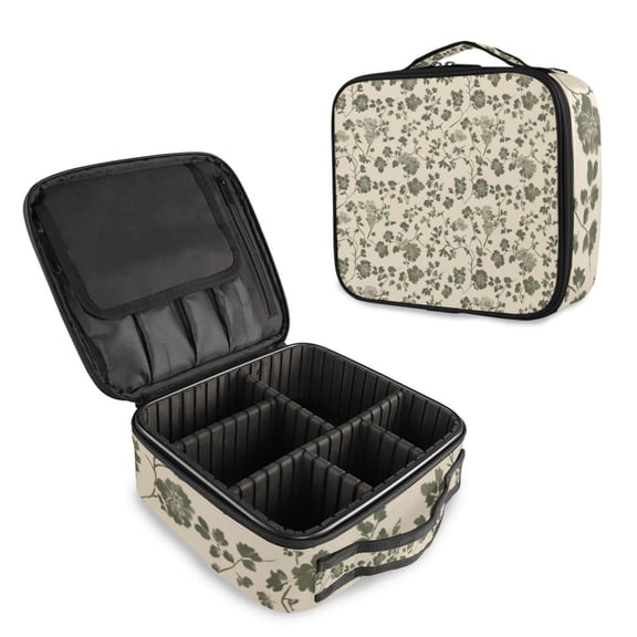 Makeup Train Case with Adjustable Dividers,Cosmetic Bag Portable Portability Bag Case Gifts Small Olive Green Flower