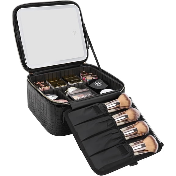Makeup Train Case with LED Mirror, Travel Cosmetic Bag with Removable Partitions, Compact Waterproof Toiletry Organizer in Glossy Black