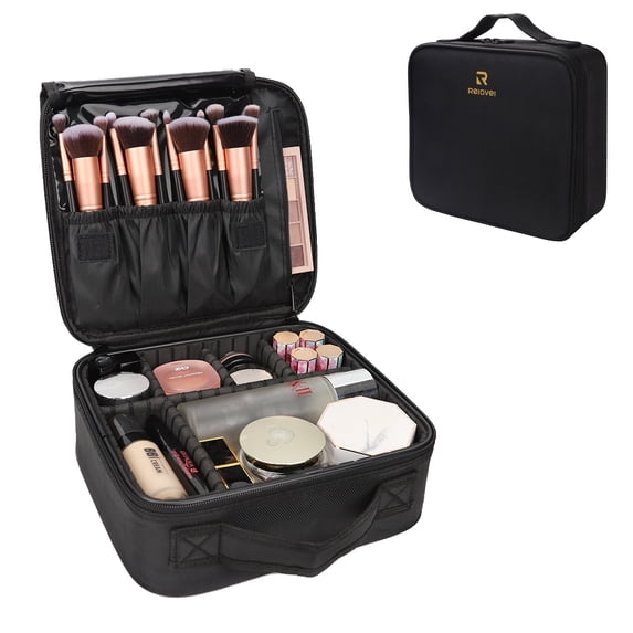 Relavel Makeup Travel Case Bag,Professional Makeup Artist Train Case with Brush organizer,Large Capacity Cosmetic Bag with Zipper Pocket and Adjustable Compartment(Small)