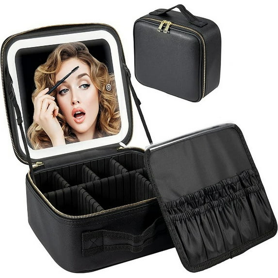 Makeup Travel Train Case with Mirror and 3 Color LED Light, Cosmetic Box Organizer with Adjustable Dividers Storage Waterproof Portable Makeup Bag for Women Gift