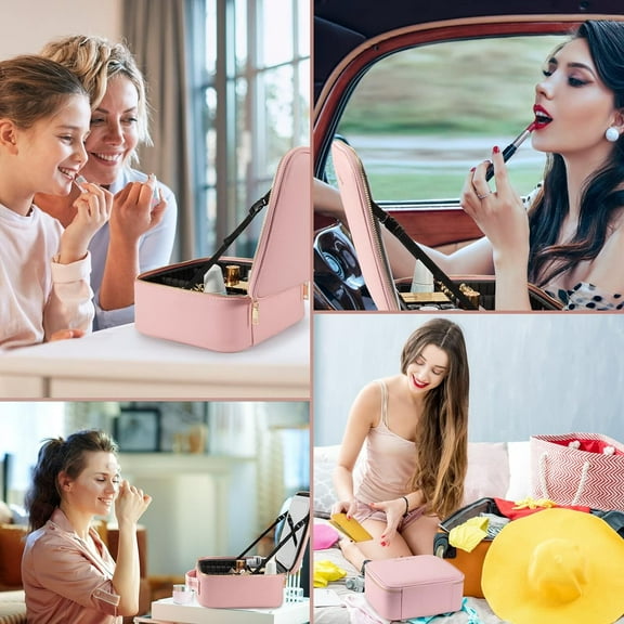 Makeup Travel Train Case with Mirror LED Light 3 Adjustable Brightness Cosmetic Bag Portable Storage Adjustable Partition Waterproof Makeup Brushes Makeup Jewelry Gift for Women