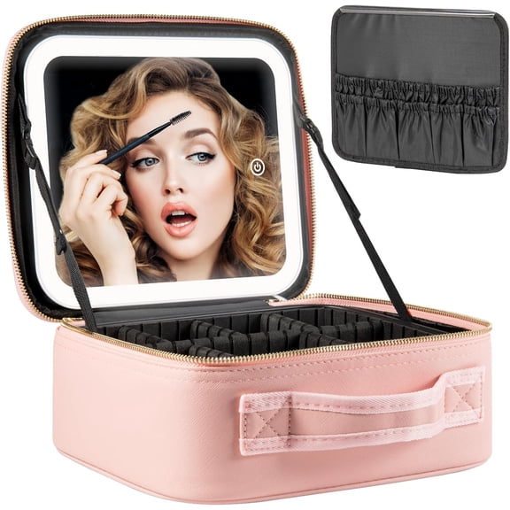 Makeup Travel Train Case with Mirror LED Light 3 Adjustable Brightness Large Cosmetic Bag Portable Storage Adjustable Partition Waterproof Makeup Brushes Make up Jewelry Gift for Women