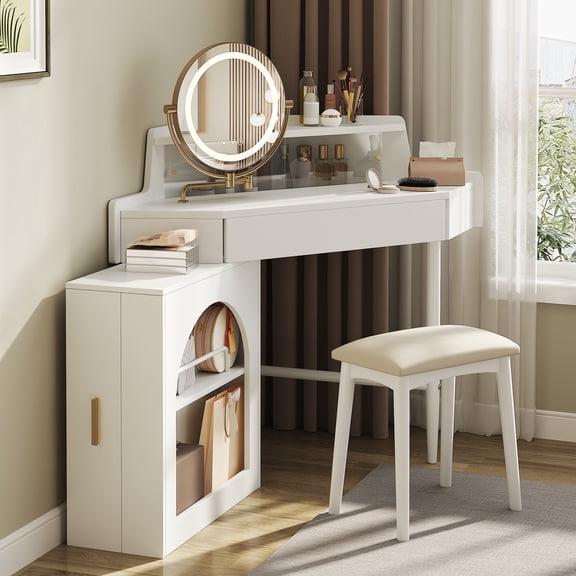 Makeup Vanities Corner Makeup Vanity Desk With Mirror & LED Lights, Modern Vanity Set With Mirror And Stool, Dressing Table With Large Storage For Small Place, Brightness Adjustable Folding Mirror, W