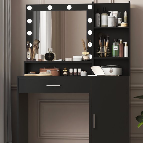 Makeup Vanities Vanity Desk with Mirror & Light, Large Drawer Three Level Storage Dresser, 3 Lighting Modes Adjustable Brightness, Bedroom Dressing Table(Black),Bedroom Makeup Vanities