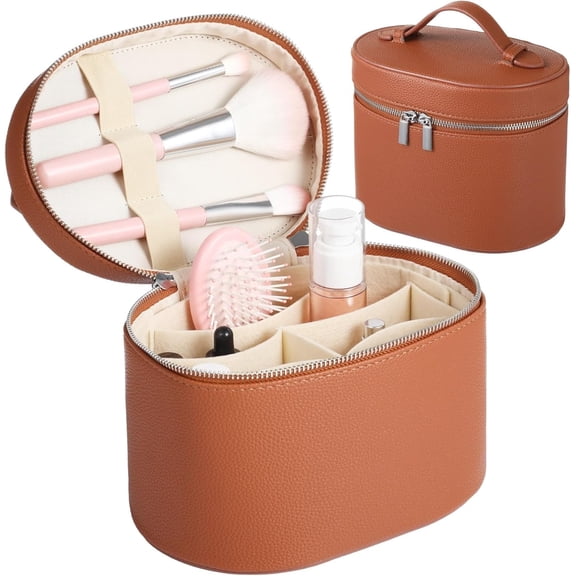 Makeup Vanity Bag for Women - Large Capacity Organizer with Removable Liner, PU Leather Skincare Bag, Portable Chic Make Up Case for Skincare, Brushes, Accessories, Brown