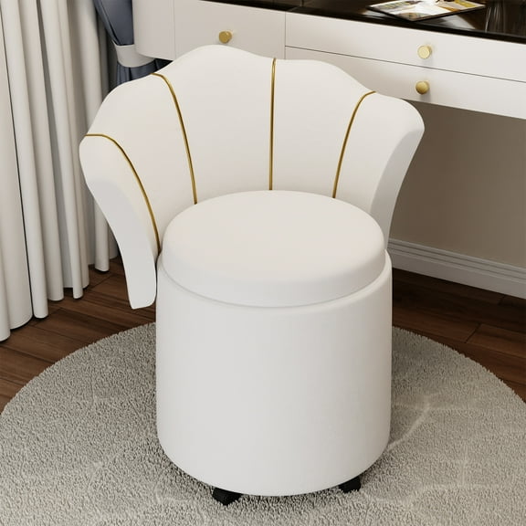 Makeup Vanity Chair,Begonia-Shaped Chair Vanity Stool with Built-in Storage and Comfortable Backrest (White)