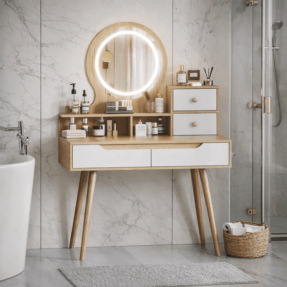 Makeup Vanity Desk with 3 Adjustable Lighted Mirror with solid wood table feet , Dressing Table Set with 4 drawers and 3 open shelves for Small space Bedroom