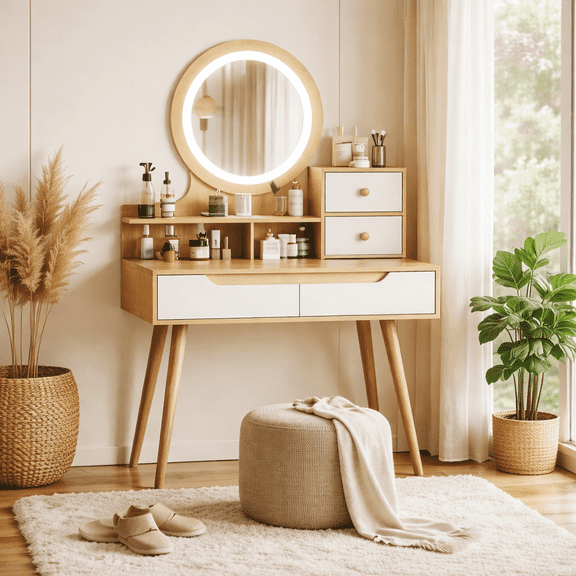Makeup Vanity Desk with 3 Adjustable Lighted Mirror with solid wood table feet , Dressing Table Set with 4 drawers and 3 open shelves for Small space Bedroom