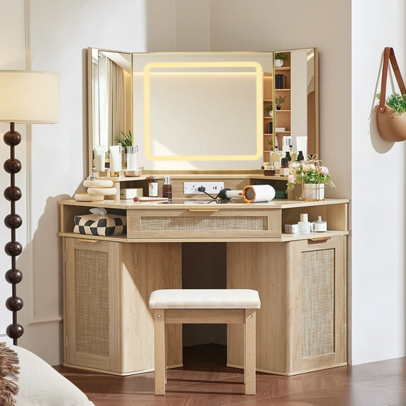 Makeup Vanity Desk with 3 Lighting Options, Dressing Table with Charging Station, Vanity Set with a Large Cabinet, Shelves and Stool, Corner Vanity for Women Girls, Natural Wood