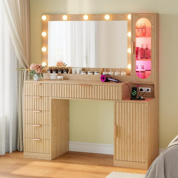 Makeup Vanity Desk with 31.5" Mirror and Lights, Modern Fluted Dressing Table with 6 Drawers & Adjustable Shelves & Cabinet, Vanity Table with Charging Station for Bedroom, Fluted Finish
