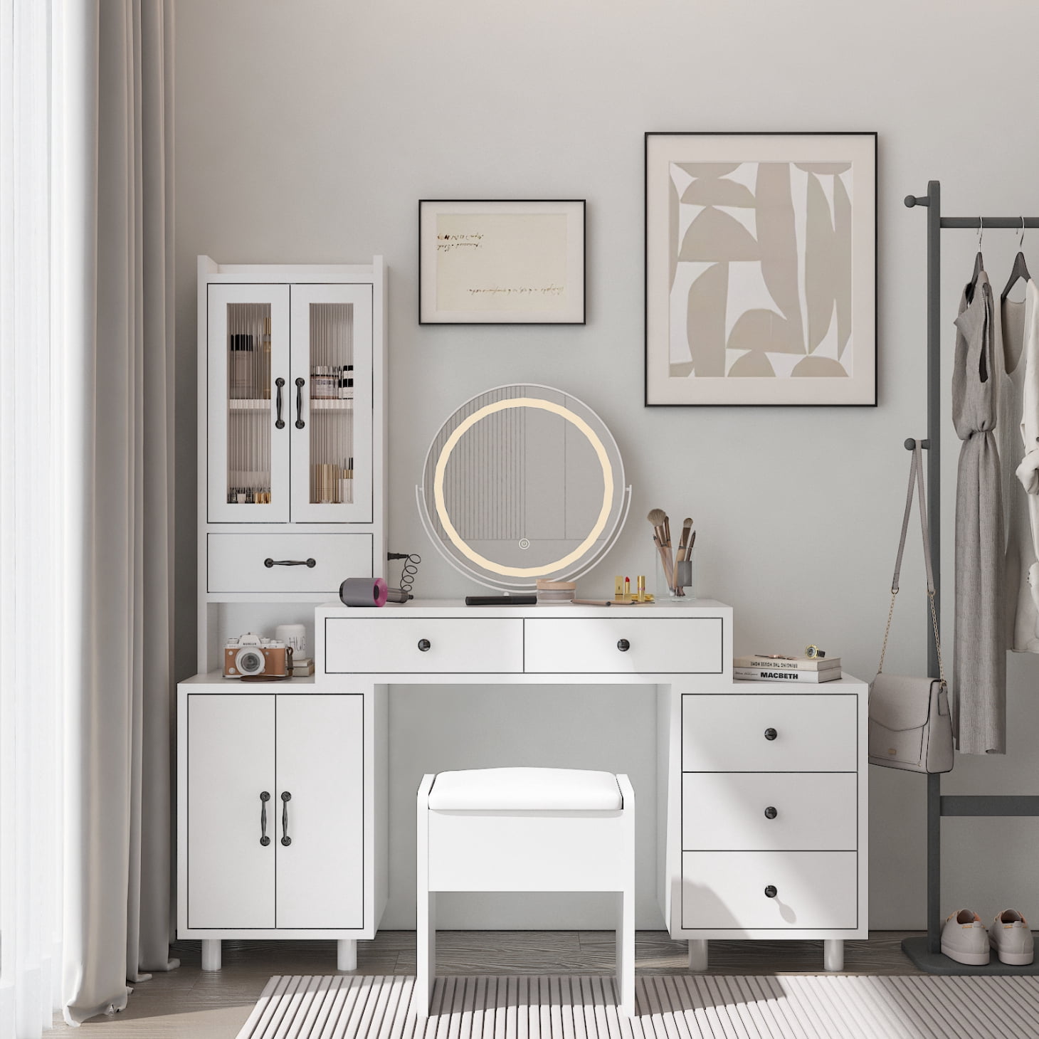 Haewon LED Makeup Vanity Desk With Mirror & Stool | 10 Lights, 3 Colors, Outlets, Drawers & Shelves