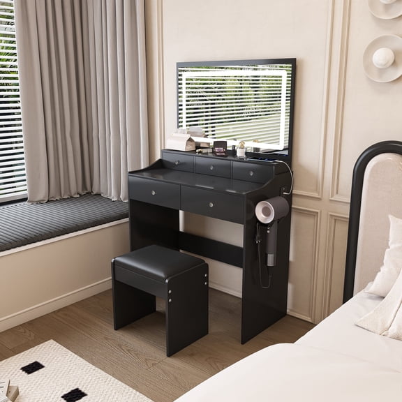 Makeup Vanity Desk with Charging Station, White Makeup Dressing Table with Mirror & Lights &Hair dryer holder, 5 Drawers , 3 Lighting Color Adjustable Dressing Table for Bedroom, Black