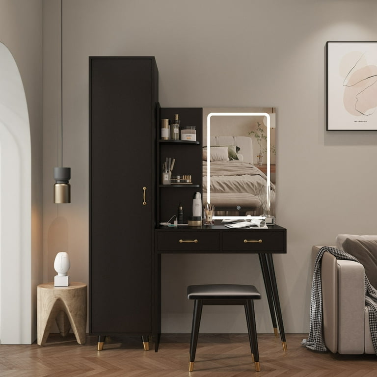 Makeup Vanity Desk Closet Set, Dressing Table with Adjustable LED