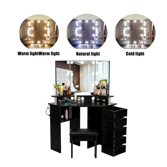 Makeup Vanity Desk Corner Design with Large Storage Space. Tri-Folding Mirror with 10 LED Lights and Adjustable Brightness. 5  Drawers
