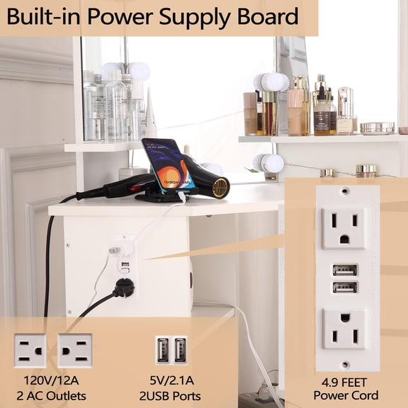 Makeup Vanity Desk Corner Design with Large Storage Space. Tri-Folding Mirror with 10 LED Lights and Adjustable Brightness. 5 Drawers