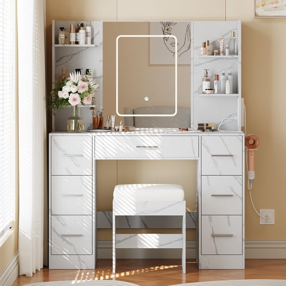 Makeup Vanity Desk with Dimmable LED Mirror – 7 Drawers, USB Ports, Power Outlets, Hair Dryer Holder, Cushioned Stool – 43" Modern Dressing Table, Faux Marble, Imitation Marble White