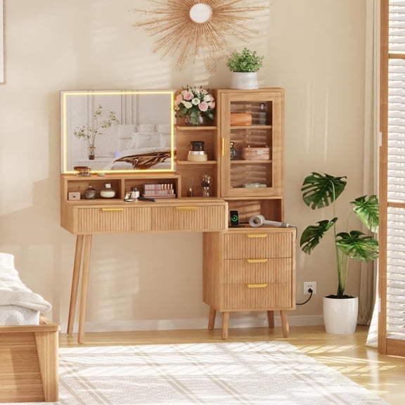 Makeup Vanity Desk With HD Lighted Mirror and Power Outlet - Modern Glass Top Elegant Fluted Vanity Desk With Acrylic Protective Door - 5 Drawers and Storage Shelf - Dressing Table for Bedroom Women