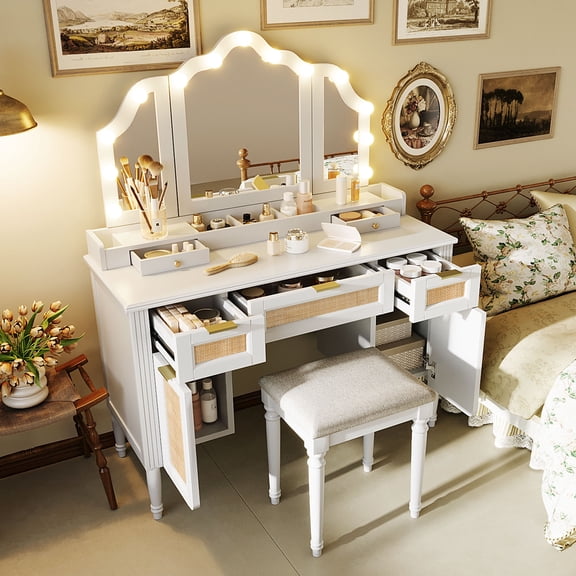 Makeup Vanity Desk with Hollywood Bulbs, 44 Inch Dressing Table with Tri-Fold Mirror & Charging Station, 5 Drawers and Shelves, 3 Lighting Modes, White