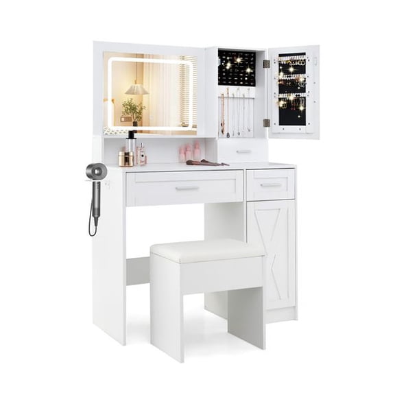 Makeup Vanity Desk with LED Lighted Mirror, Dressing Table and Stool Set, Built-in Charging Station with USB and AC Outlets, Jewelry Storage Cabinet, 3 Drawers, Adjustable Shelf, Hair Dryer Holder, W